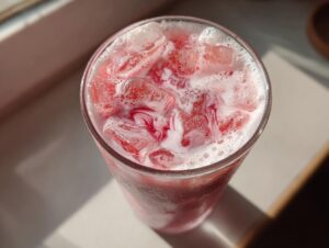 Overhead view of a tall glass filled with vibrant pink strawberry milk, ice cubes, and frothy foam.