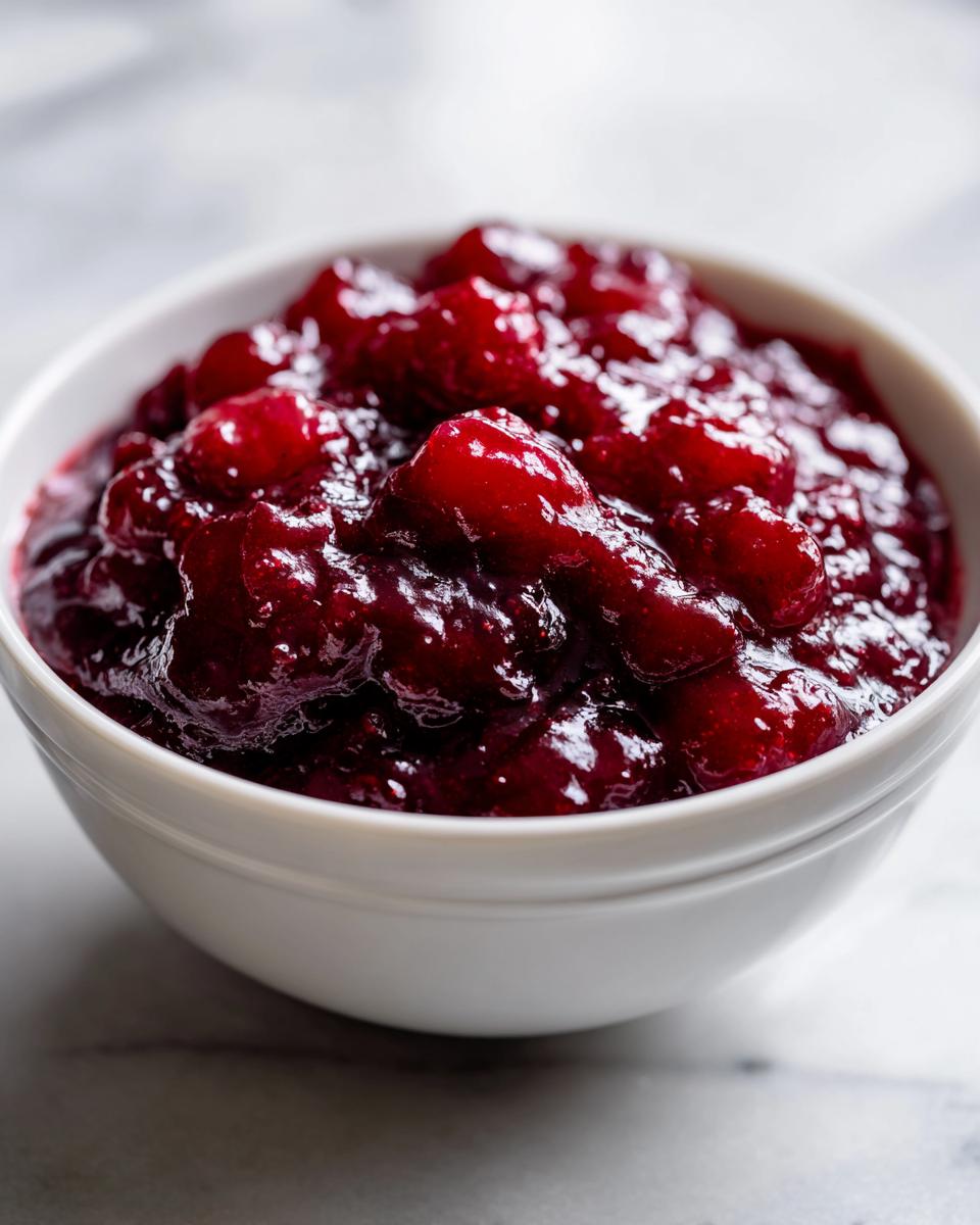 Close-up of thick, glossy cherry pie filling with whole cherries in a small white bowl.