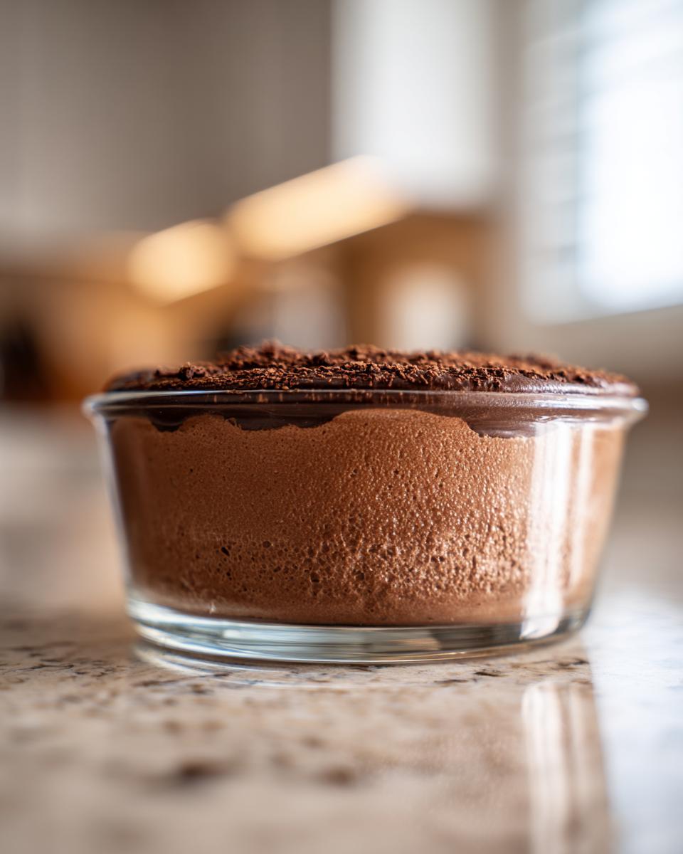 Close-up of airy, rich chocolate mousse topped with chocolate shavings in a clear glass serving dish.