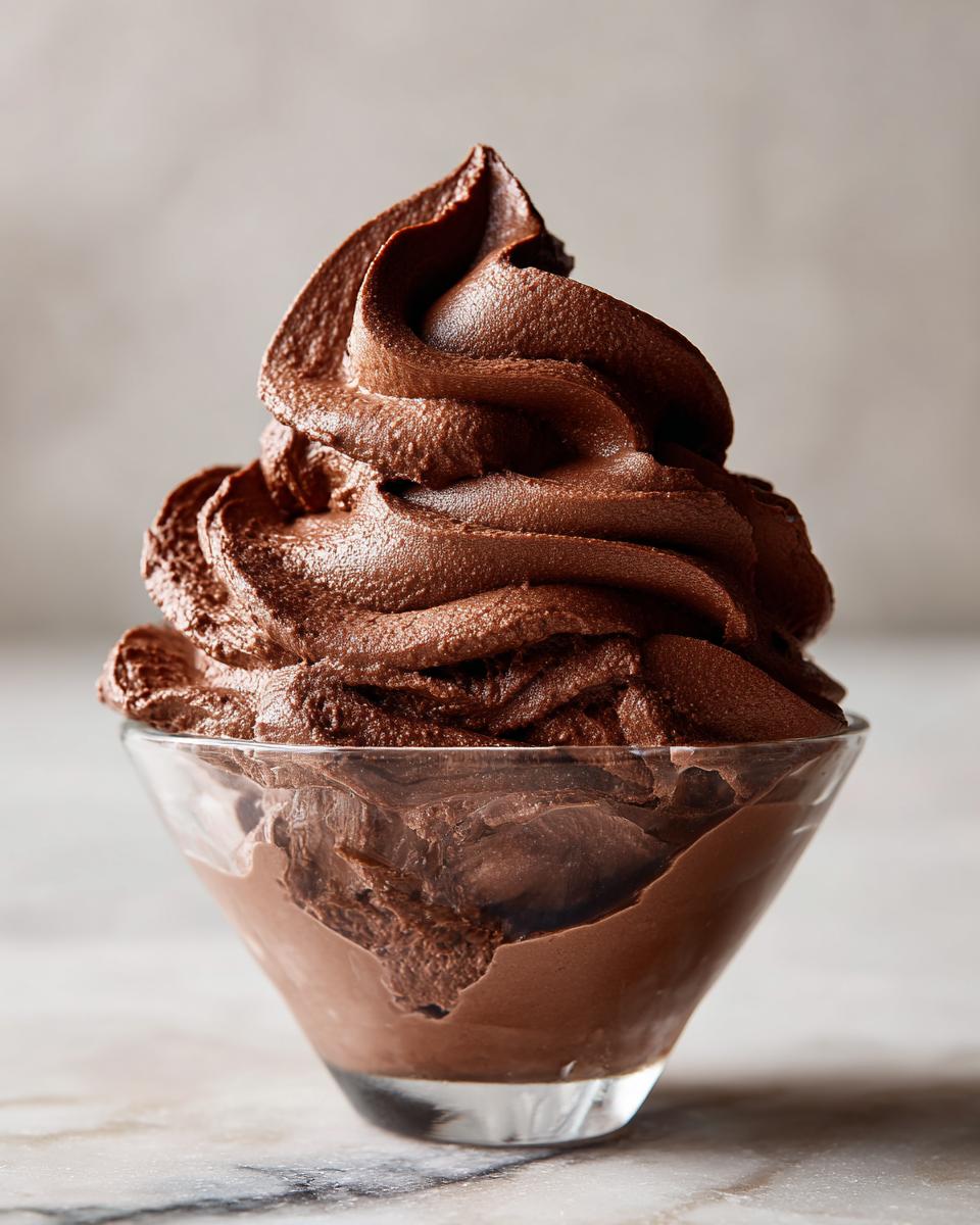 A close-up of rich, dark chocolate mousse piped into a swirl in a small glass dessert bowl.
