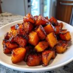 A white bowl filled with caramelized, glazed roasted butternut squash cubes.