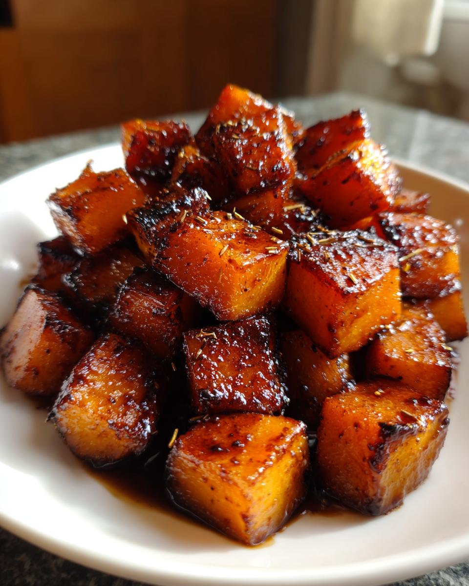 Close-up of beautifully caramelized and glazed roasted butternut squash cubes sprinkled with herbs.