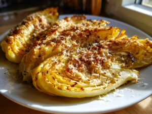 Close-up of roasted cabbage wedges topped with melted cheese and black pepper, showcasing a delicious cabbage recipe.