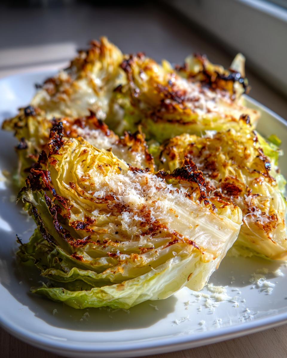 Close-up of roasted cabbage recipe wedges topped with grated Parmesan cheese, showing caramelized edges.
