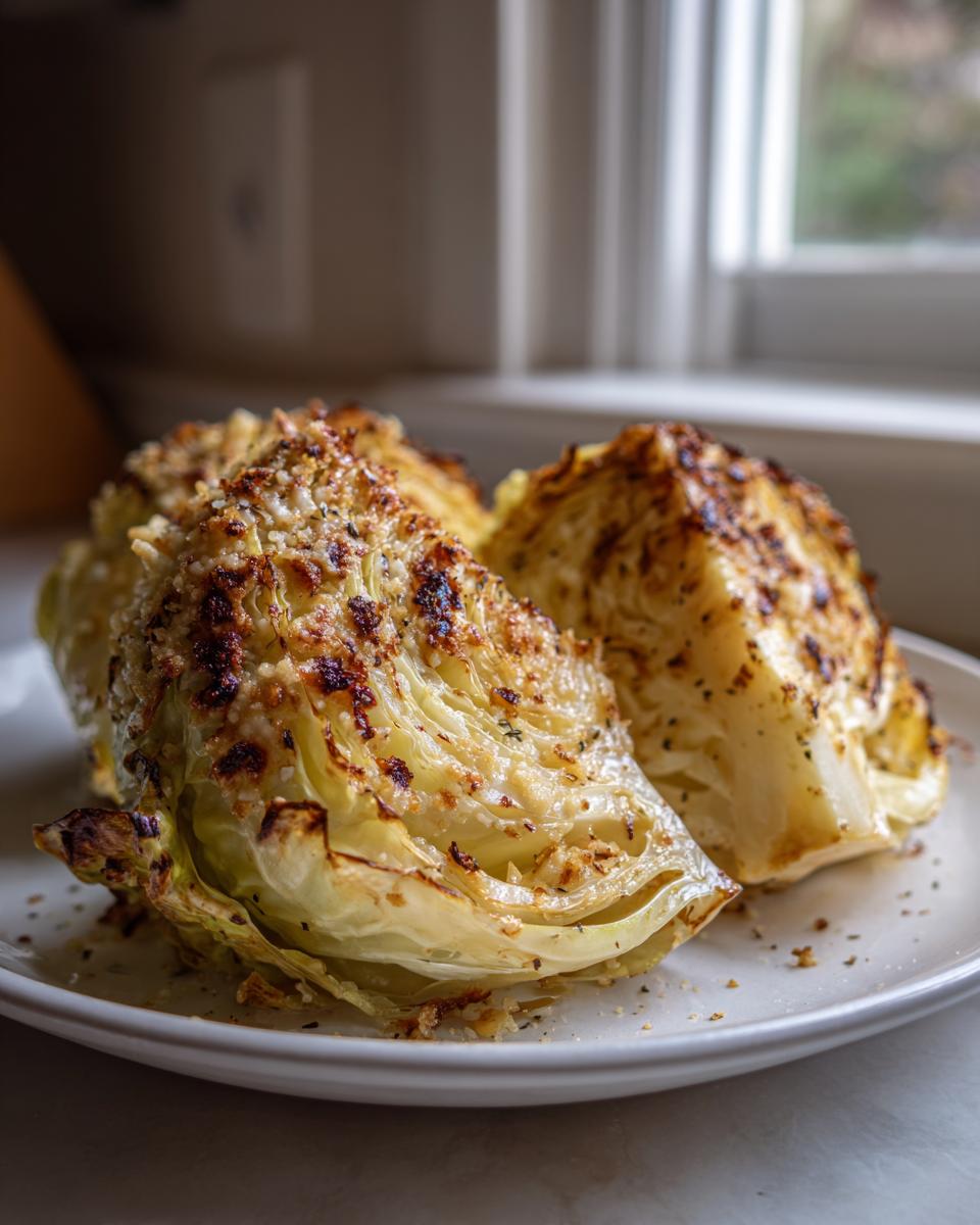 Two roasted cabbage wedges with a golden, crispy, cheesy topping served on a white plate. This is an amazing cabbage recipe.