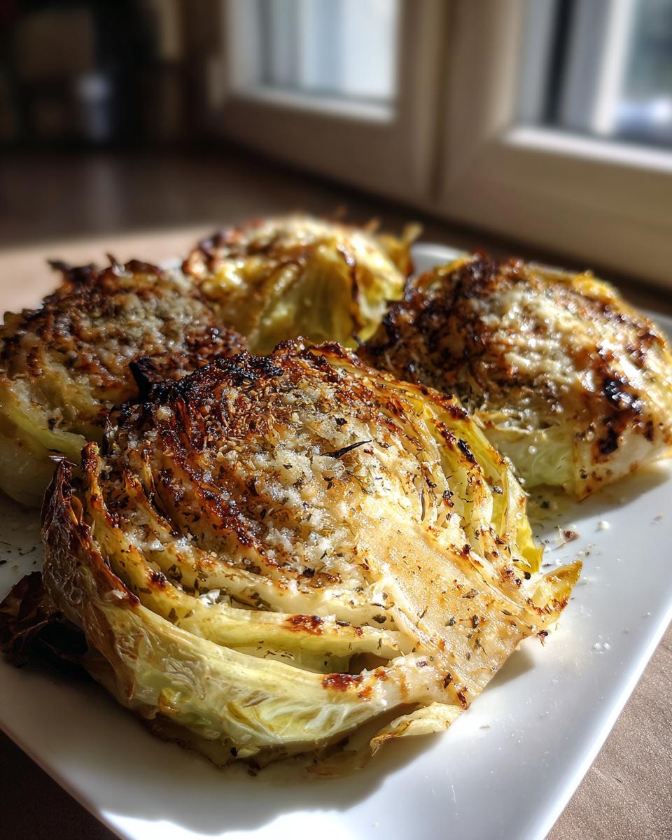 Four roasted cabbage wedges topped with herbs and melted cheese, ready to eat from a white plate.