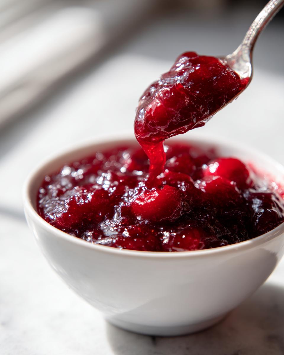 A spoonful of glistening, thick cherry pie filling being lifted from a white bowl.