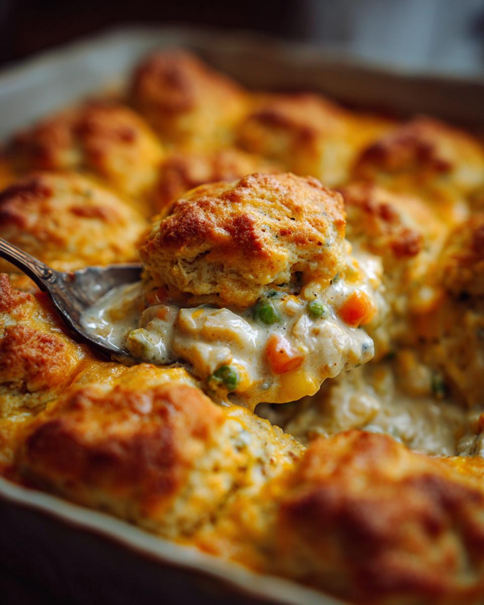 A spoonful of creamy chicken cobbler filling with vegetables being lifted from a baking dish topped with golden biscuits.