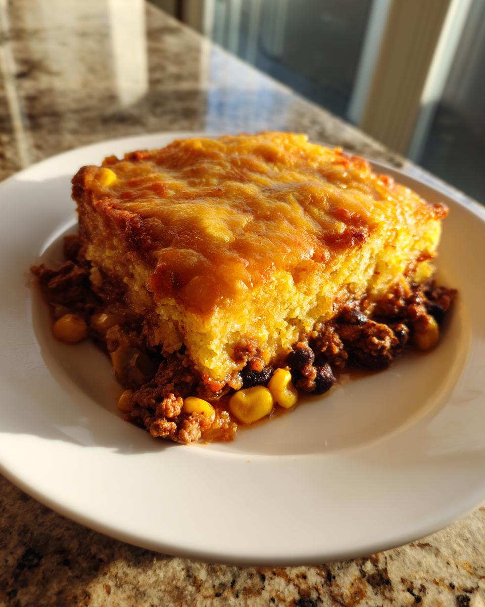 A hearty slice of tamale pie featuring a thick, cheesy cornbread topping over a savory ground meat and black bean filling.