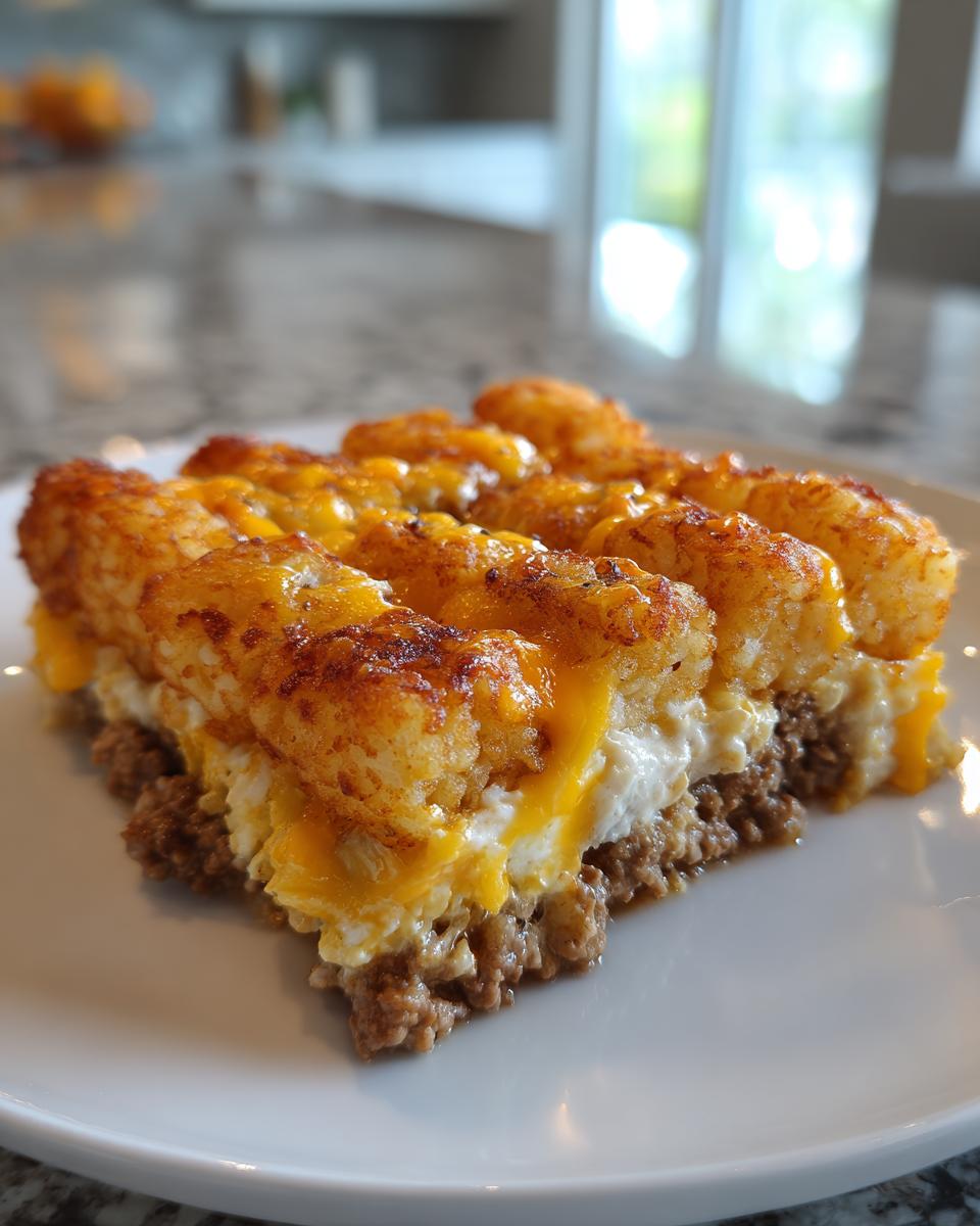 A close-up slice of tater tot casserole showing layers of browned tater tots, melted cheese, and ground meat.