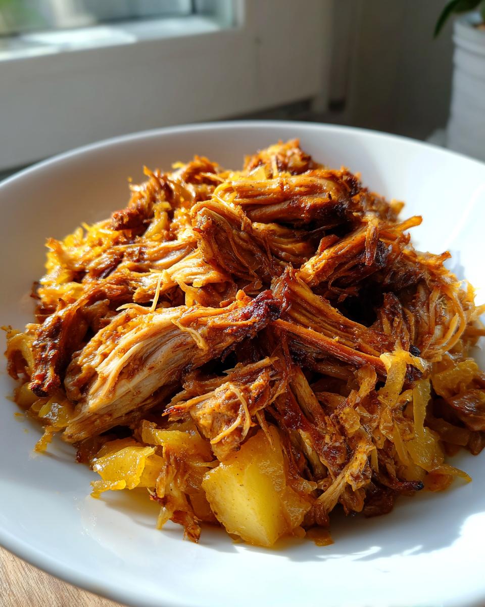 Close-up of shredded, caramelized pork mixed with golden sauerkraut in a white bowl.