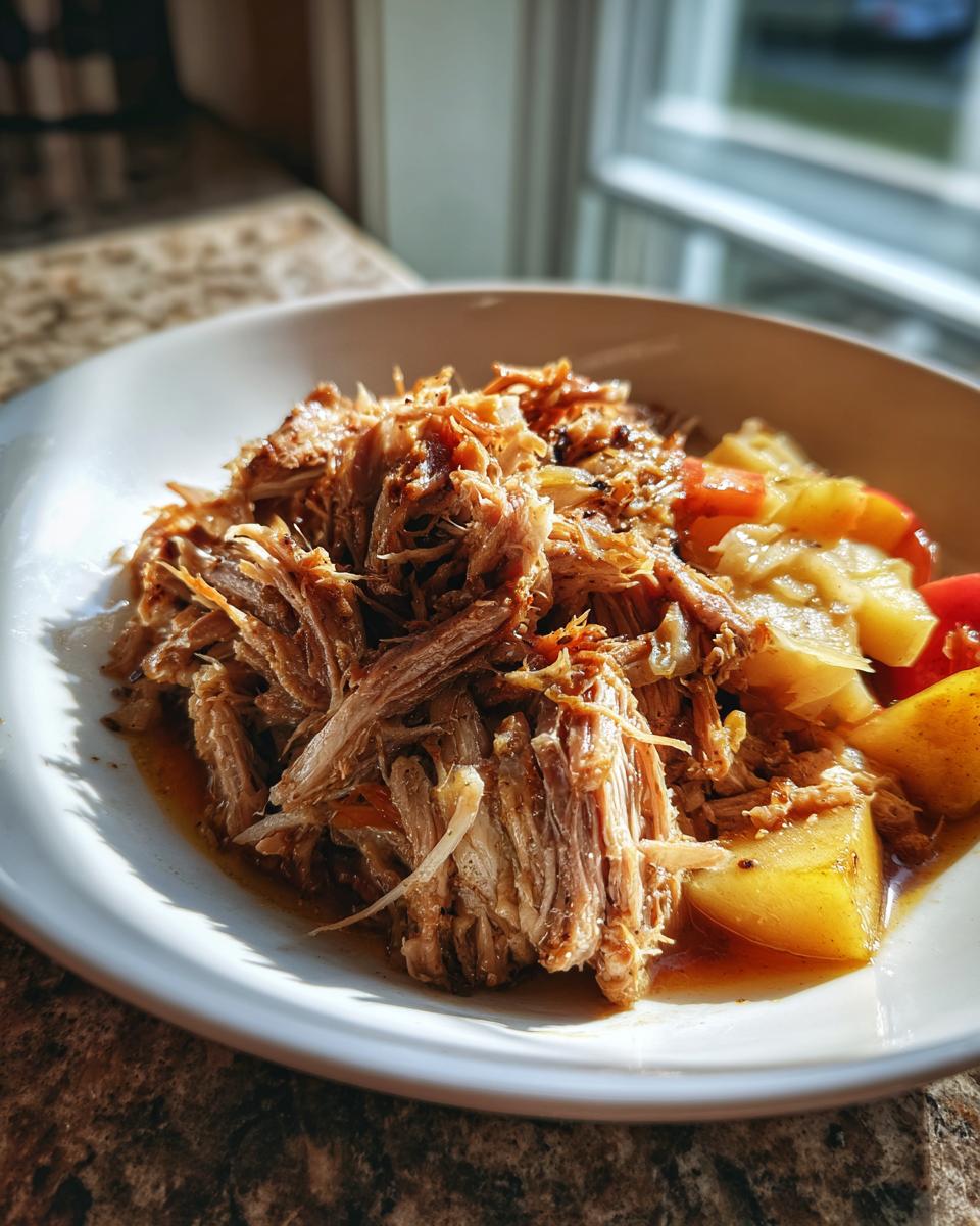 Close-up of a white bowl filled with shredded pork and sauerkraut, served with chunks of apple.