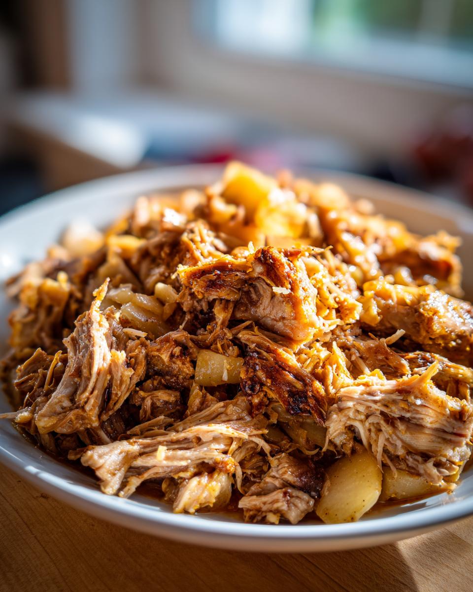 Close-up of shredded pork and sauerkraut mixture piled high on a white plate.