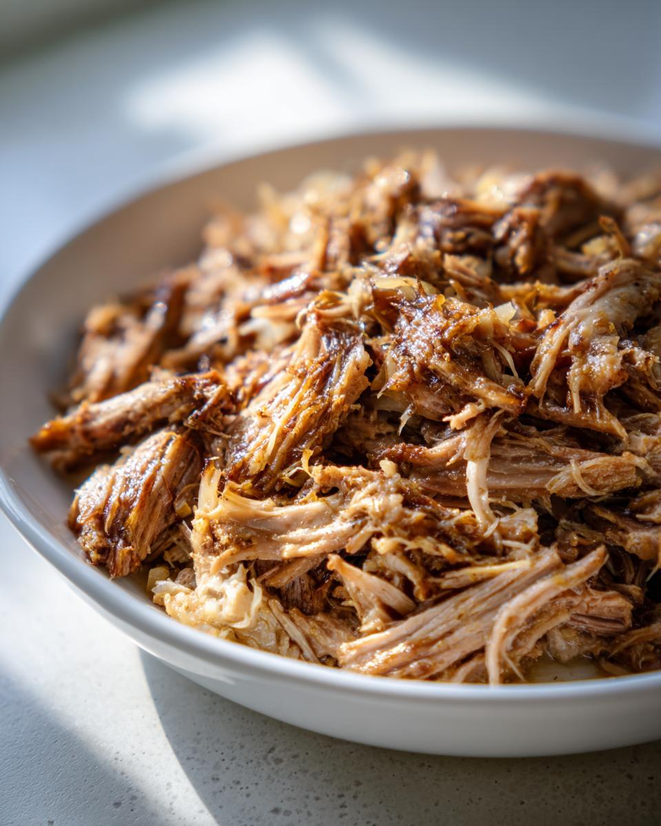 Close-up of tender, shredded pork meat in a white bowl, ready to be served with pork and sauerkraut.