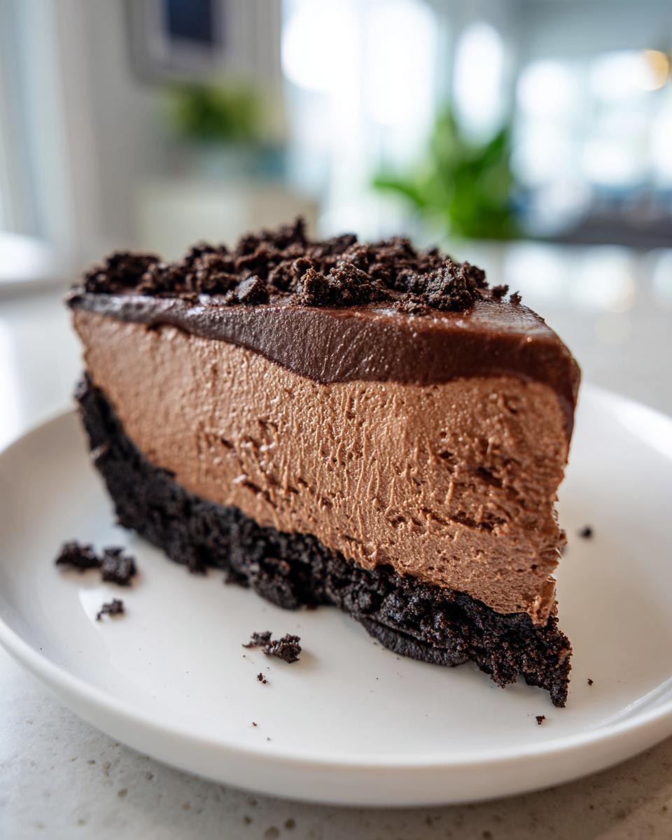 A perfect slice of rich chocolate mousse pie featuring a dark crust, light mousse filling, and chocolate ganache topping.