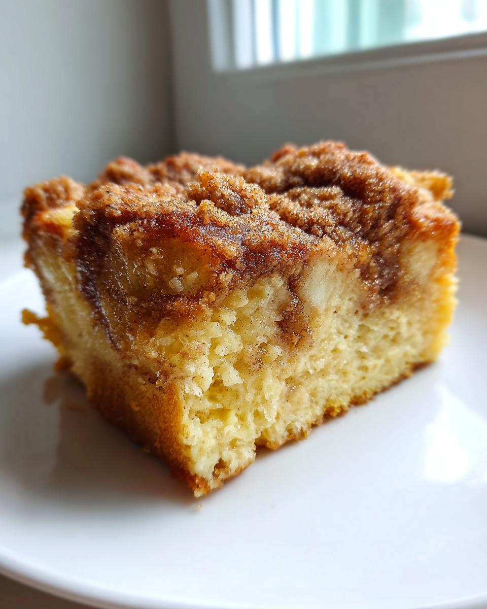 A close-up of a square slice of baked french toast with a thick, sugary cinnamon streusel topping.