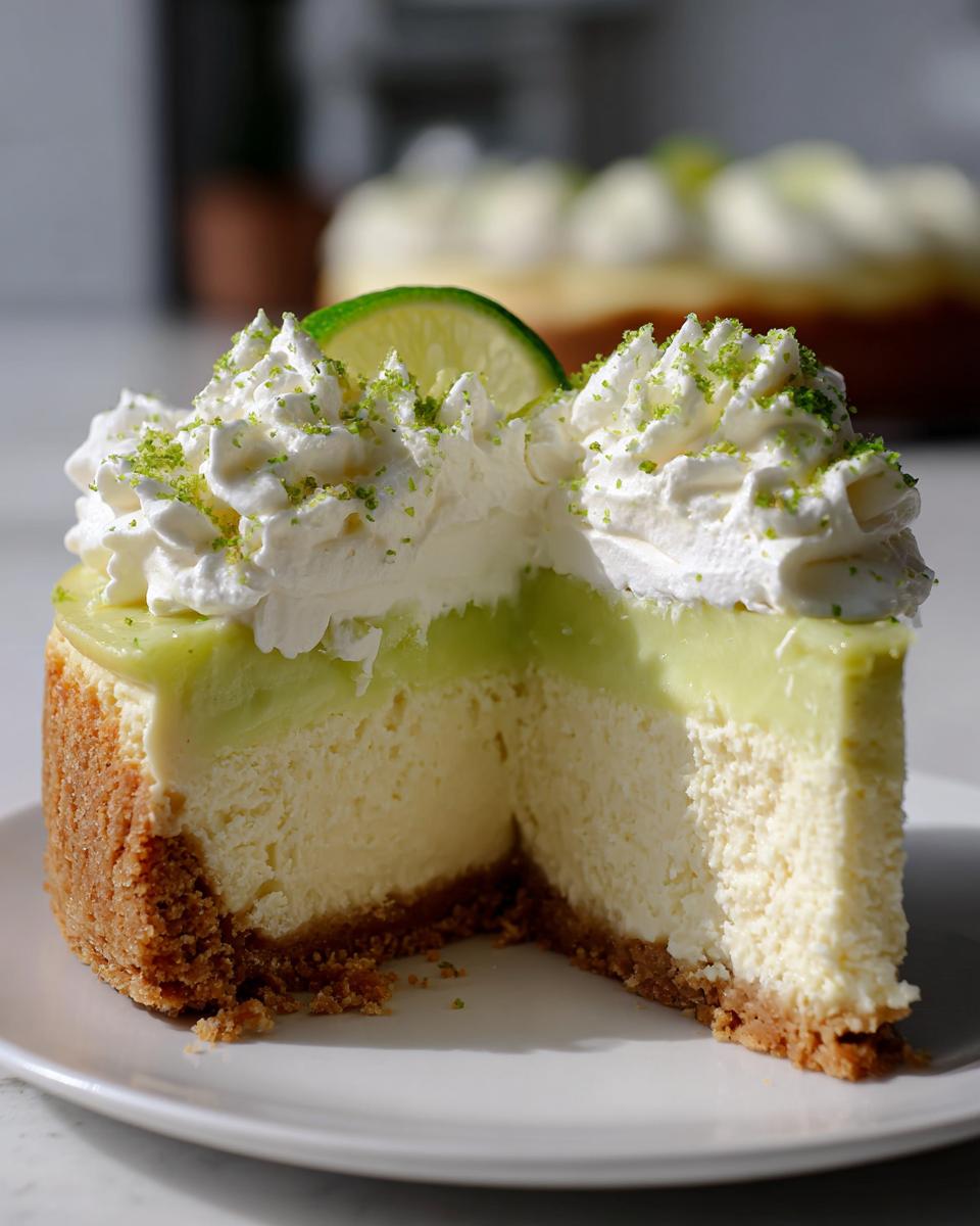 A decadent slice of key lime cheesecake showing the graham cracker crust, creamy filling, lime layer, and whipped cream topping.