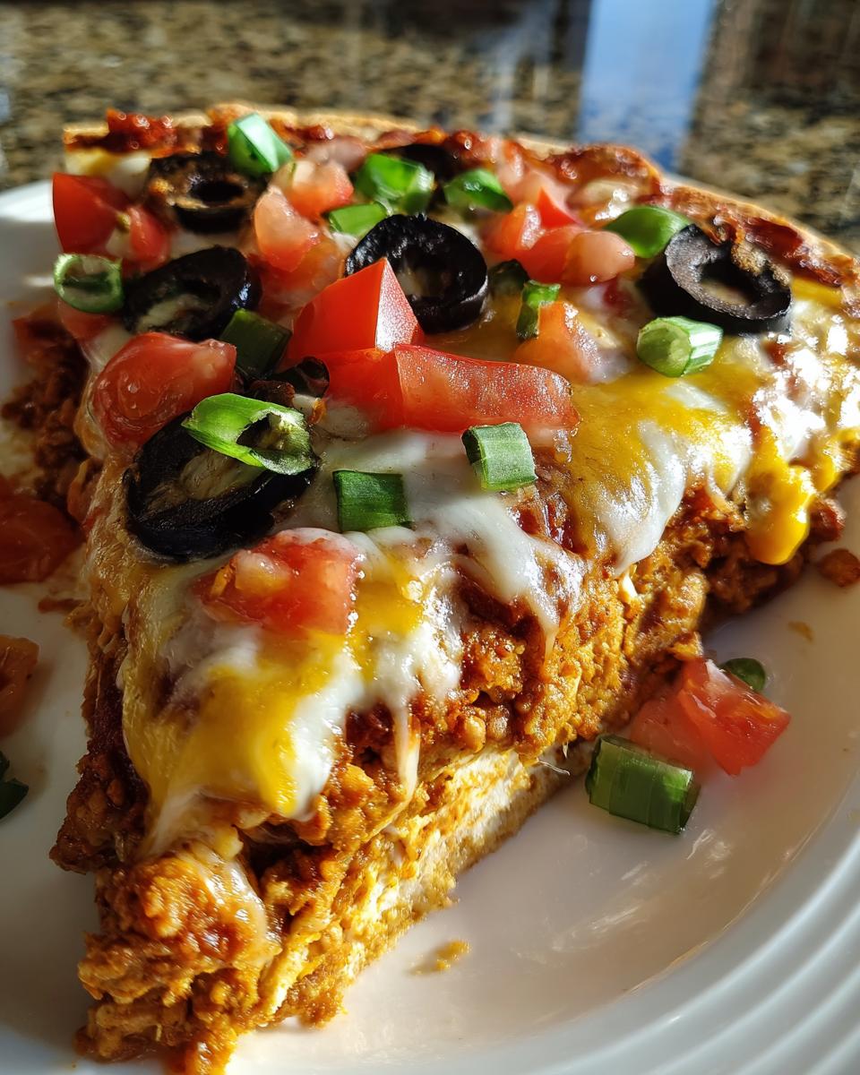 Close-up of a slice of Mexican pizza showing seasoned filling, melted cheese, black olives, diced tomatoes, and green onions.