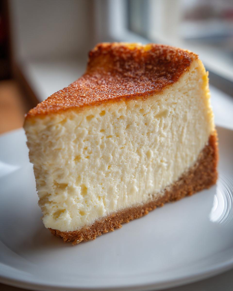 A close-up shot of a perfect slice of new york cheesecake on a white plate, showing its creamy texture and graham cracker crust.