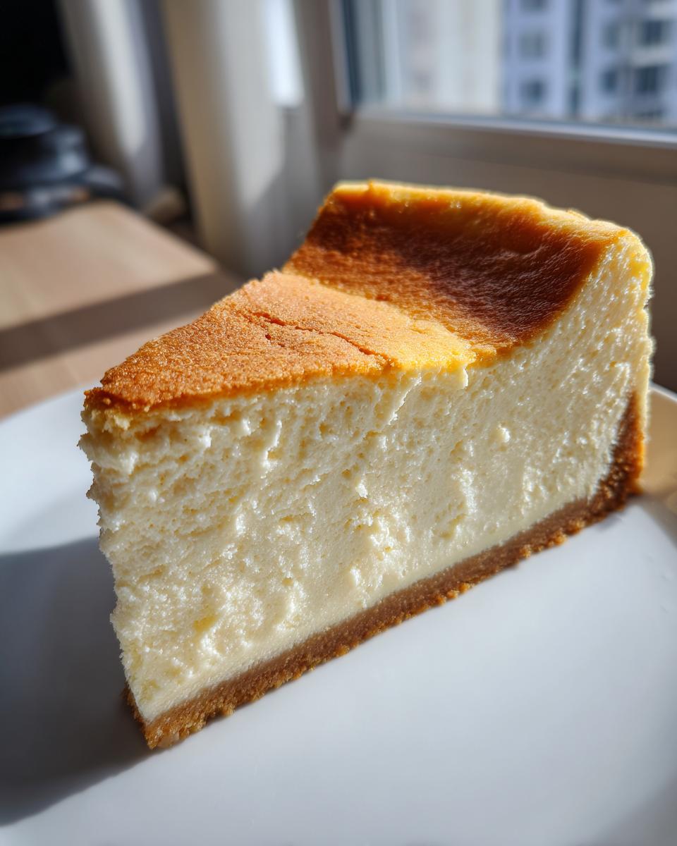 A perfect slice of creamy new york cheesecake with a graham cracker crust and golden-brown top, sitting on a white plate.