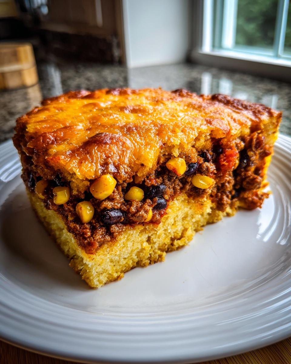 A thick slice of tamale pie featuring a cornbread base, chili filling with corn and beans, and a melted cheese topping.
