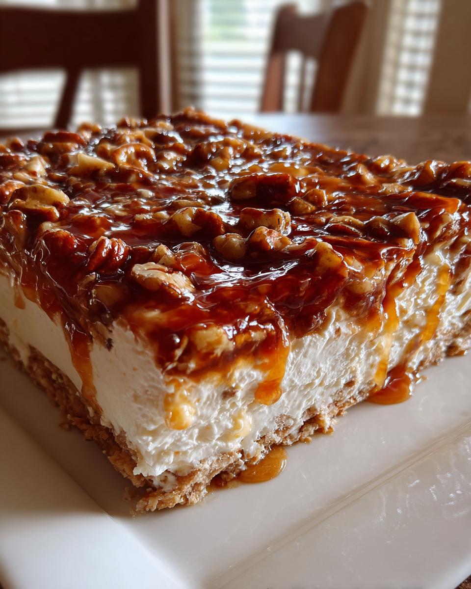 Close-up of a rich slice of no-bake pecan pie dip featuring a creamy layer and a sticky caramel pecan topping.