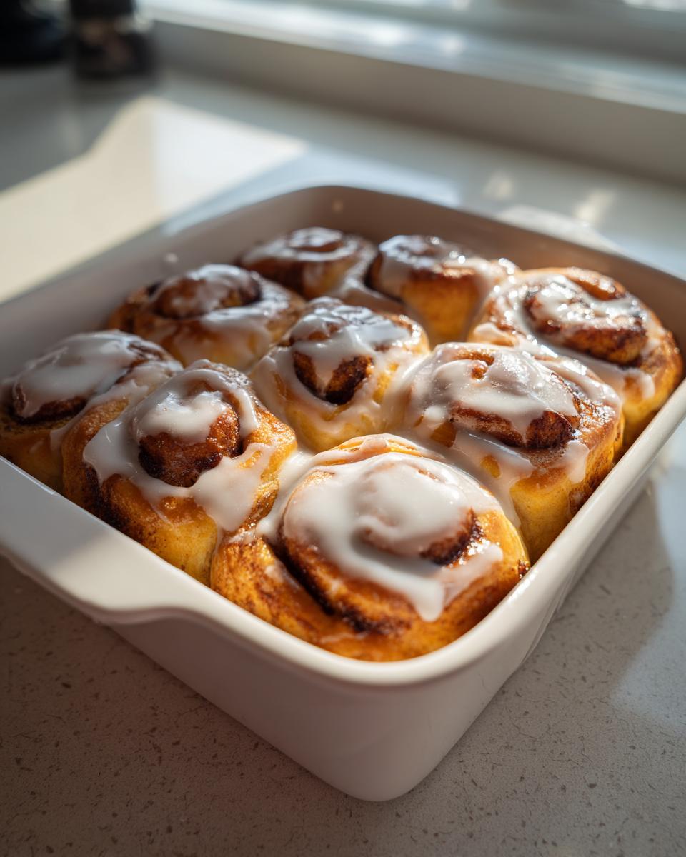 Close-up of freshly baked small batch cinnamon rolls topped with white icing in a white square baking dish.
