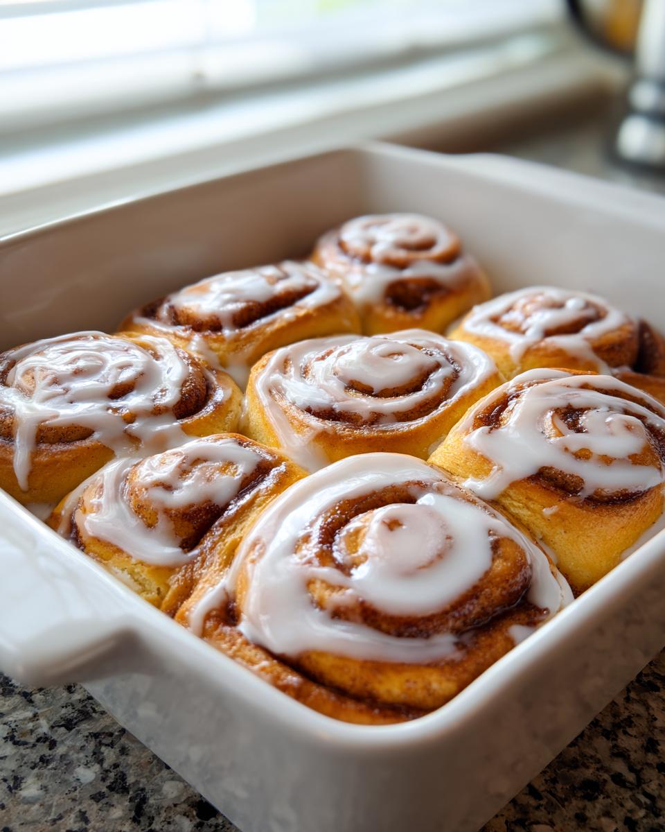 Close-up of six freshly baked small batch cinnamon rolls topped with thick white icing in a white baking dish.