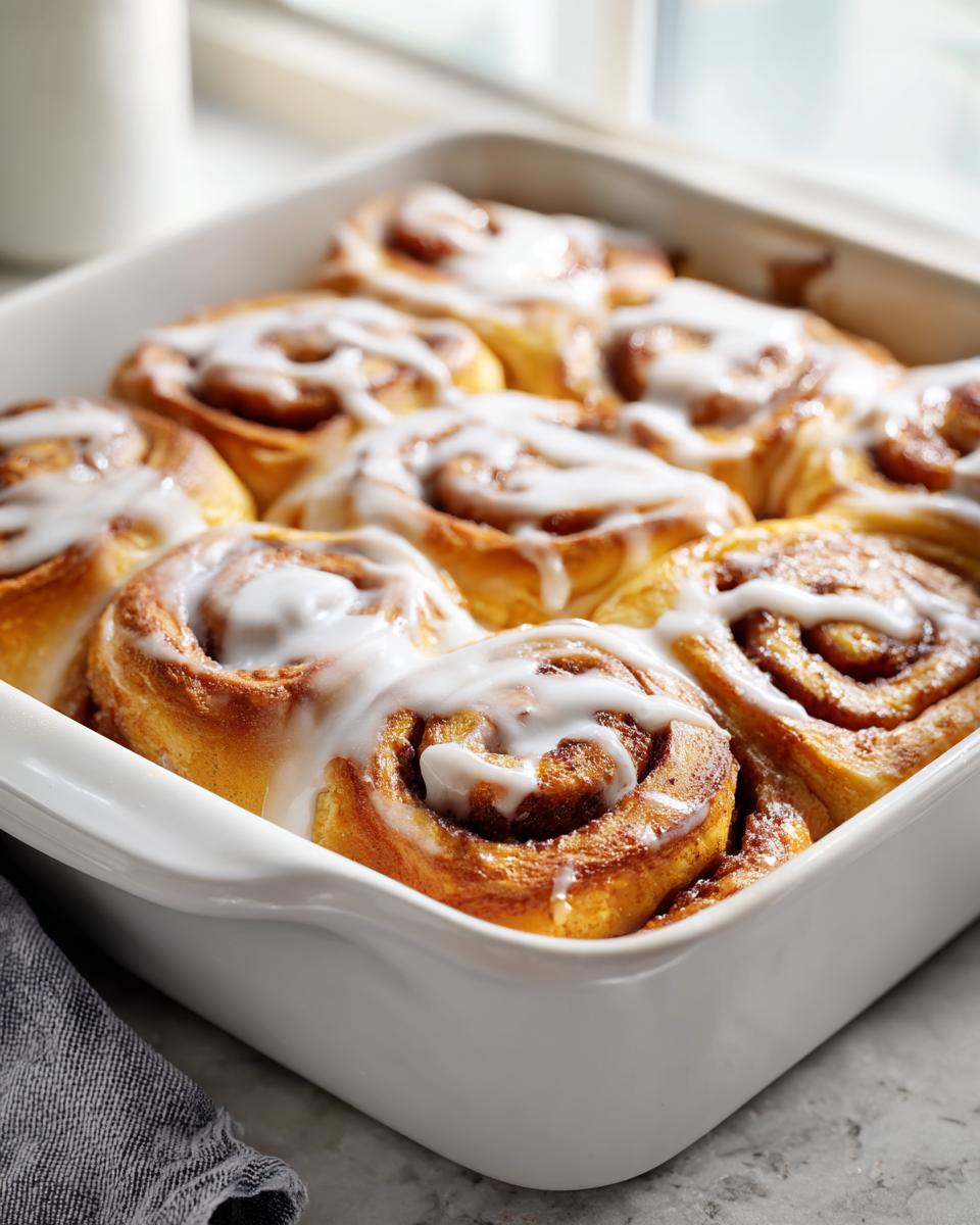 Close-up of freshly baked small batch cinnamon rolls topped with white icing in a white baking dish.
