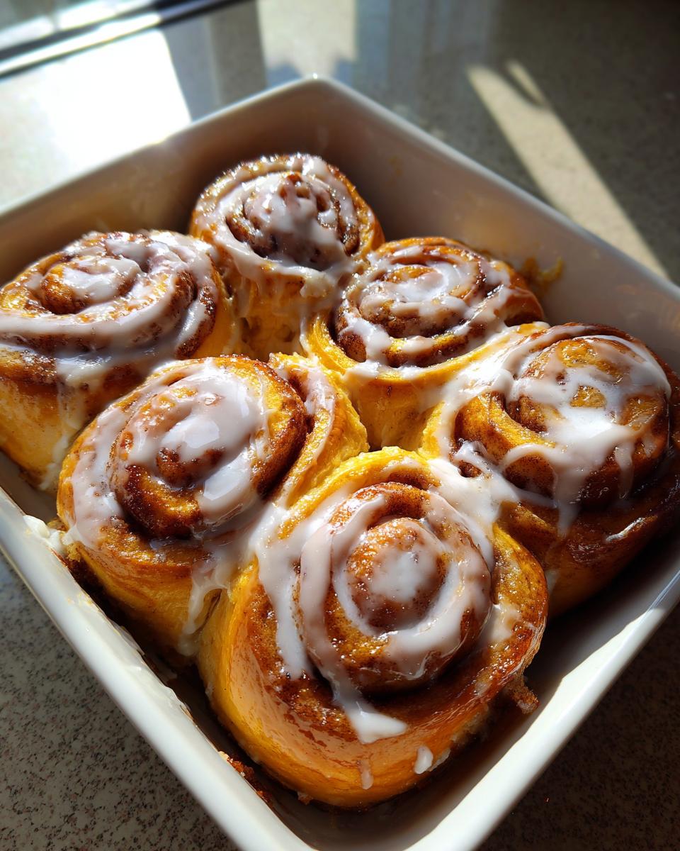 Five golden brown small batch cinnamon rolls baked together in a white dish and drizzled with white icing.