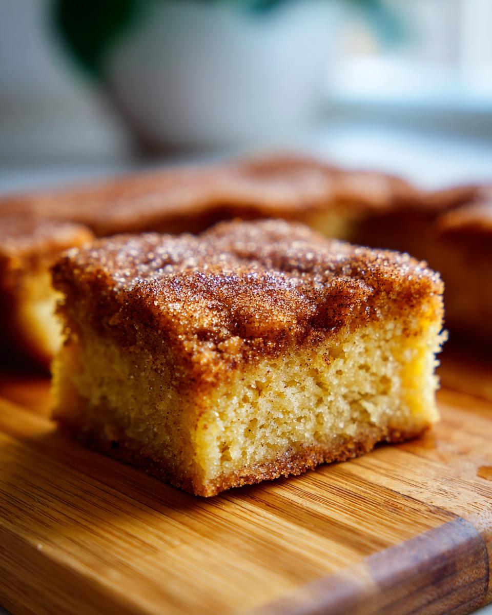 A close-up, macro shot of a single square of soft snickerdoodle blondies topped with sparkling cinnamon sugar.