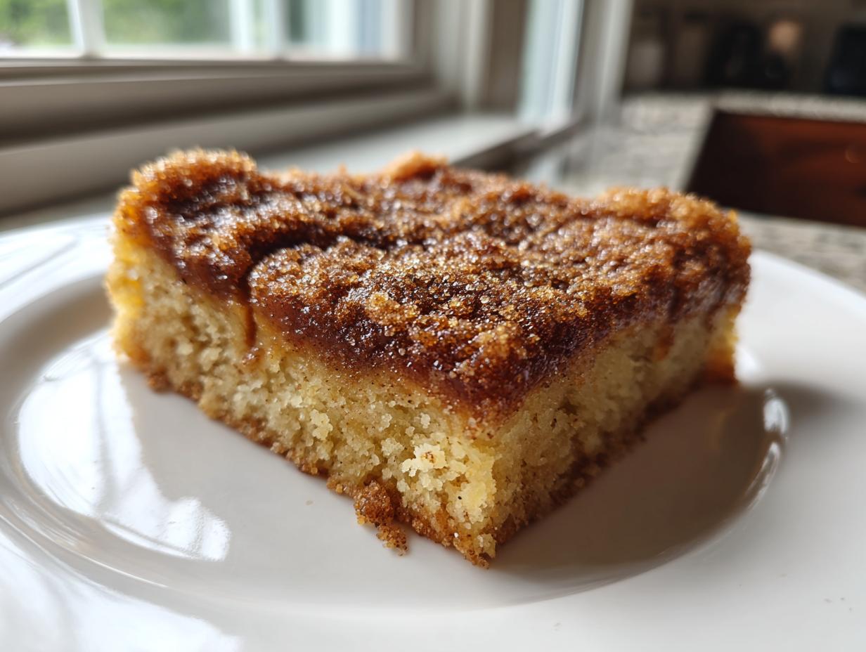 A close-up shot of a single square of snickerdoodle blondies, featuring a thick, sugary cinnamon swirl topping.