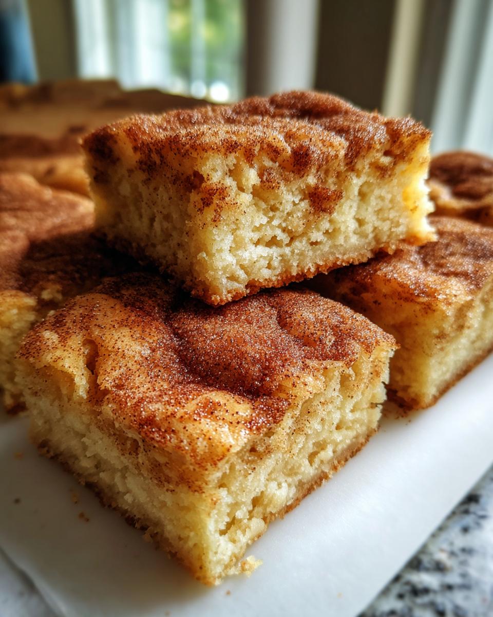 Close-up of stacked, soft snickerdoodle blondies squares topped generously with cinnamon sugar.
