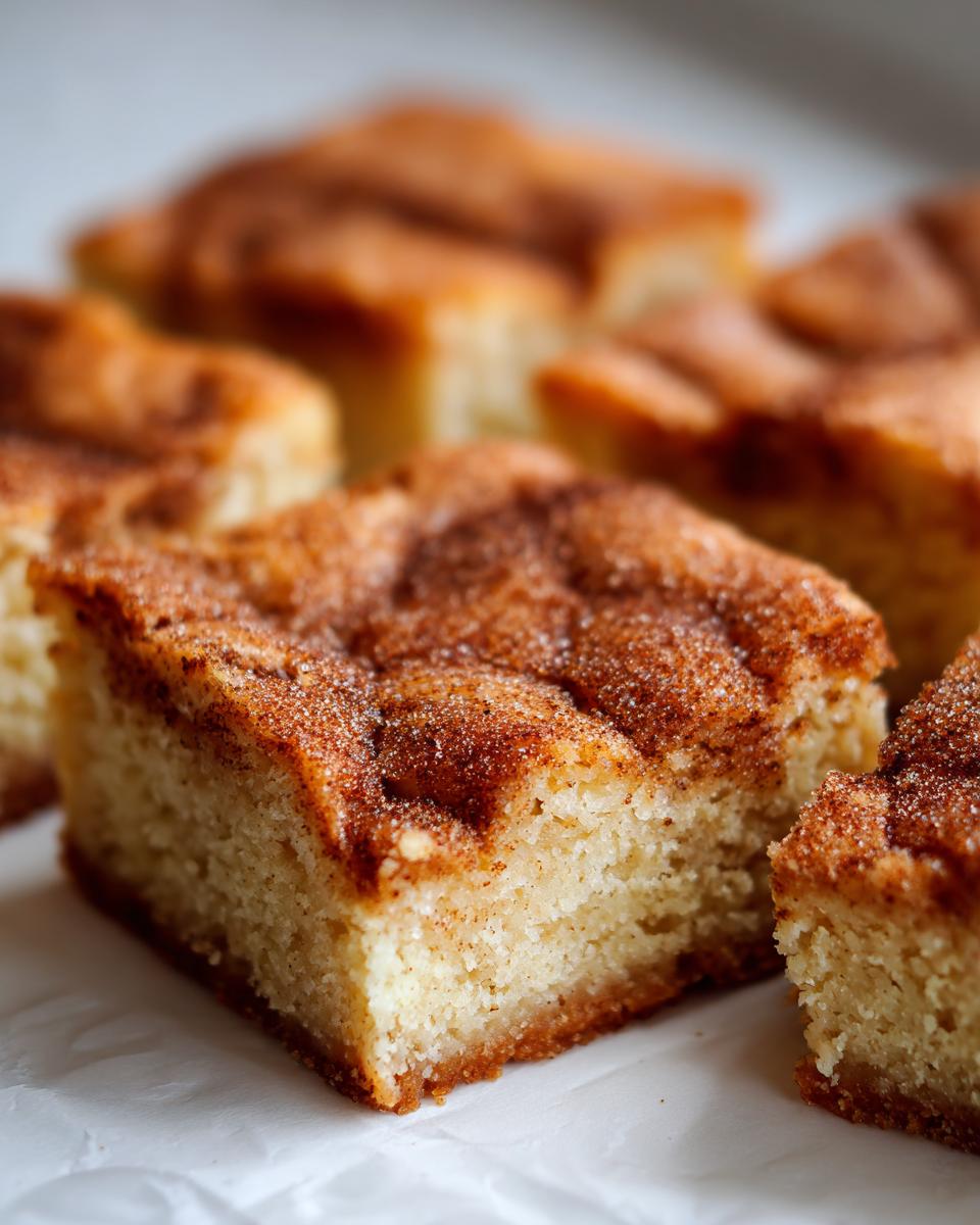 Close-up of freshly cut, soft snickerdoodle blondies squares topped with a thick layer of cinnamon sugar.