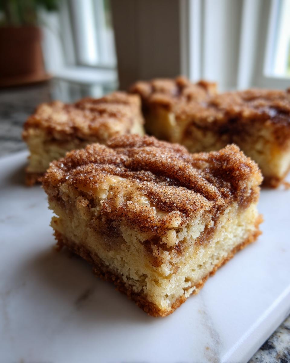 A close-up shot of a square snickerdoodle blondies piece topped generously with cinnamon sugar.