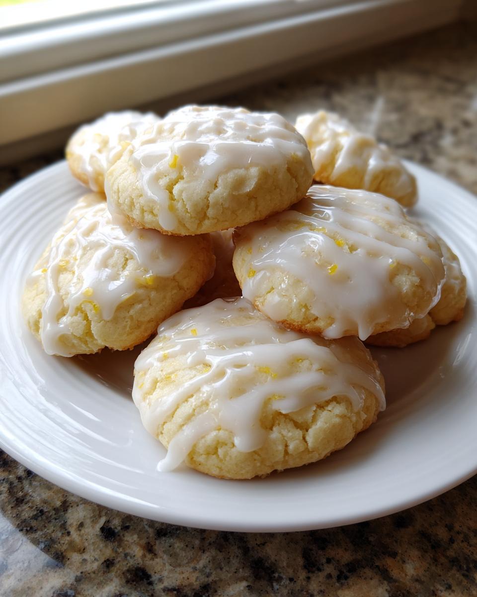 A stack of soft, glazed ricotta cookies topped with lemon zest on a white plate near a window.