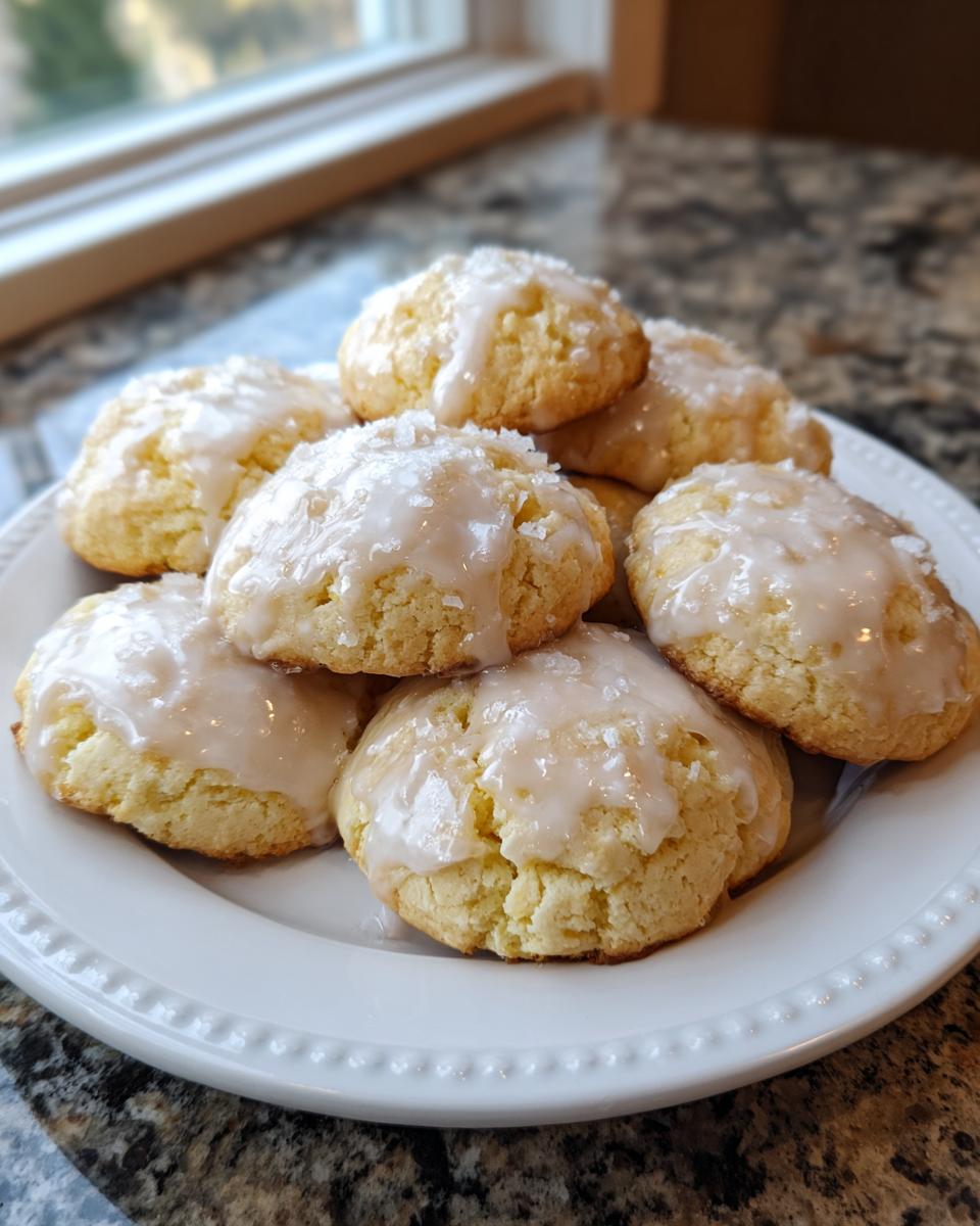 A stack of soft, glazed ricotta cookies sprinkled with coarse sugar on a white plate.