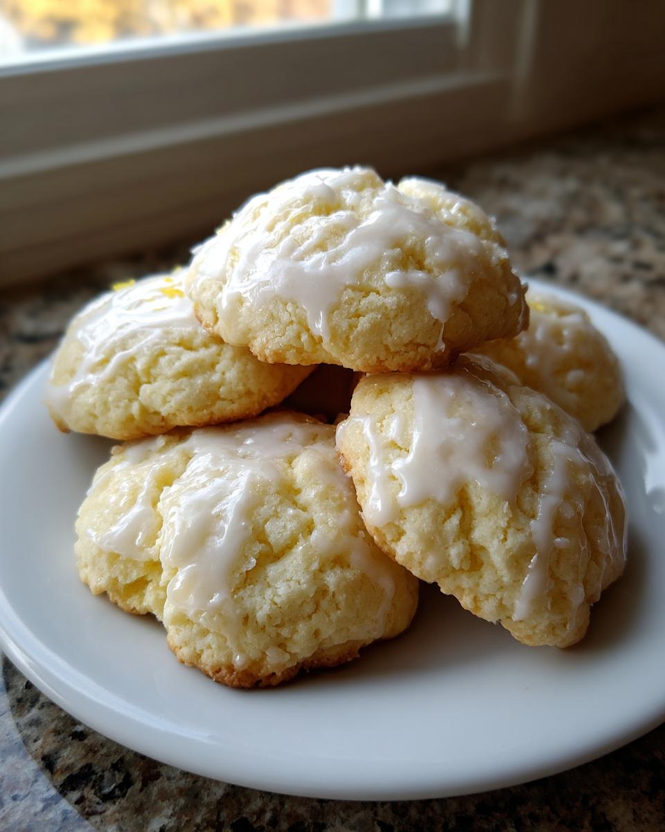 A stack of soft, pale yellow ricotta cookies topped with a thick white glaze, sitting on a white plate.