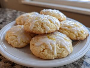 A stack of soft, glazed ricotta cookies topped with lemon zest, ready to eat.