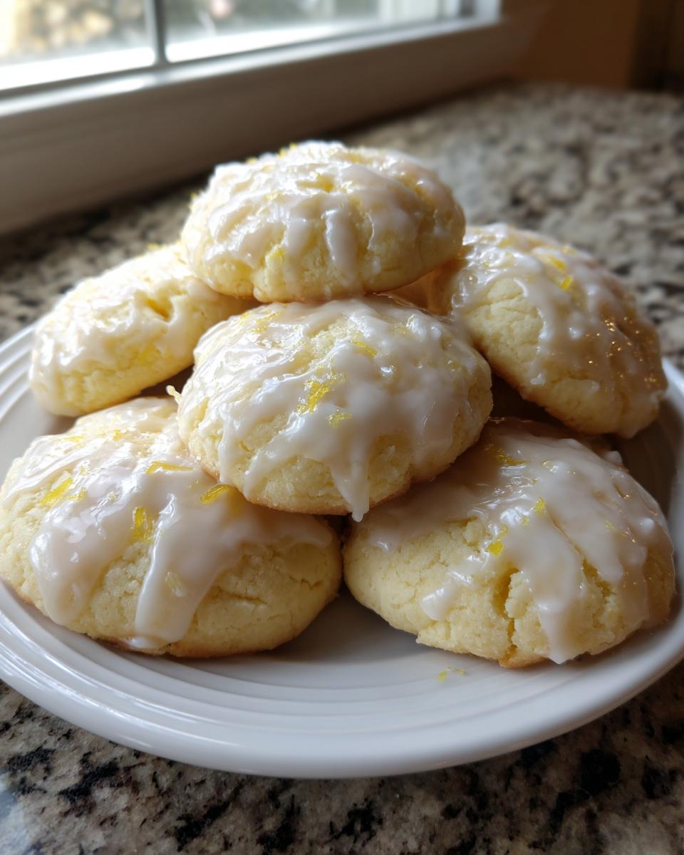A stack of soft, freshly baked ricotta cookies topped with a thick lemon glaze and zest.