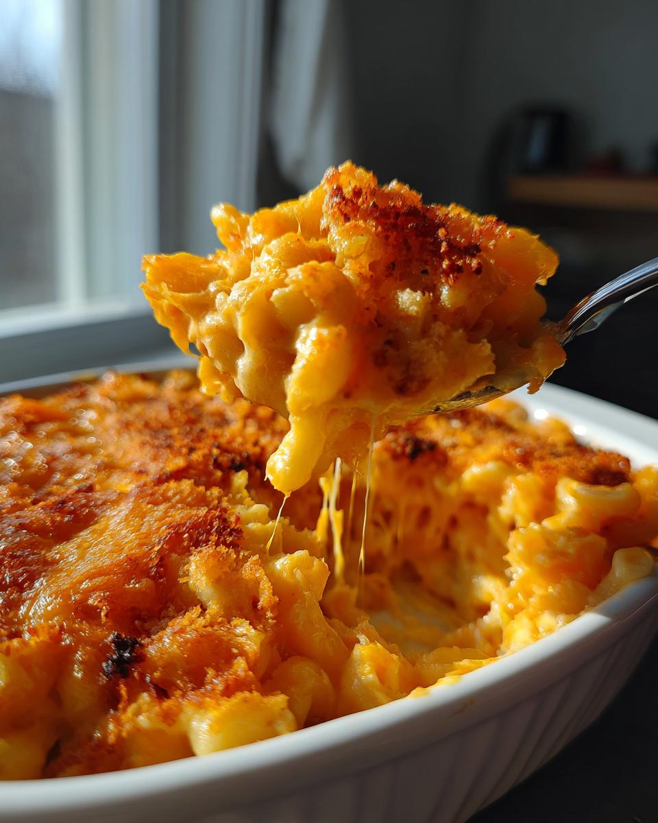 A spoonful of creamy, cheesy southern baked macaroni and cheese being lifted from a white casserole dish.