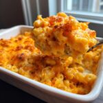A spoonful of creamy, cheesy southern baked macaroni and cheese being lifted from a white baking dish.