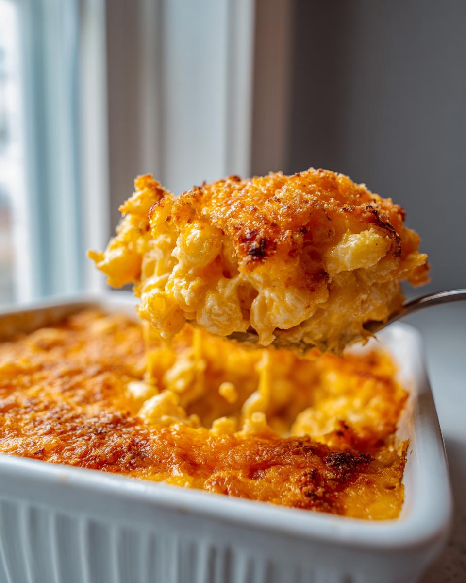 A spoonful of creamy, cheesy southern baked macaroni and cheese being lifted from a white baking dish, showing a golden-brown crust.