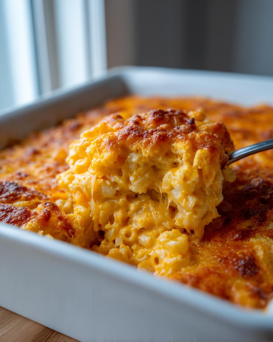 A spoonful of creamy, cheesy southern baked macaroni and cheese being lifted from a white baking dish.