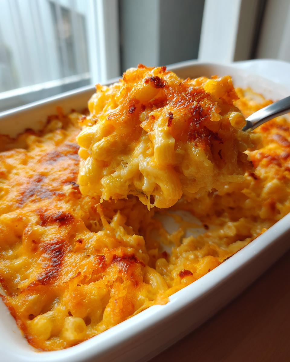 A spoonful of creamy, cheesy southern baked macaroni and cheese being lifted from a white casserole dish.