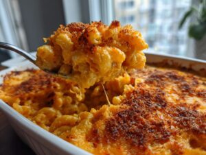 A spoonful of creamy, cheesy southern baked macaroni and cheese with a crispy, browned top being lifted from the baking dish.