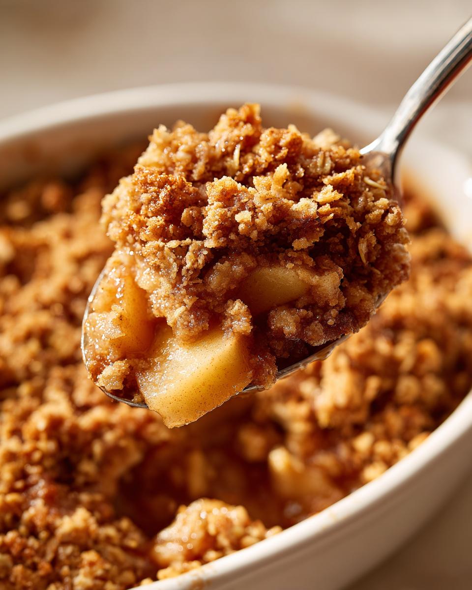 A spoonful of warm, baked apple crumble showing soft cooked apples beneath a crunchy, golden brown oat topping.
