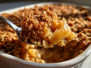 A spoonful of warm, gooey baked apple filling topped with crunchy oat topping from an amazing apple crumble.
