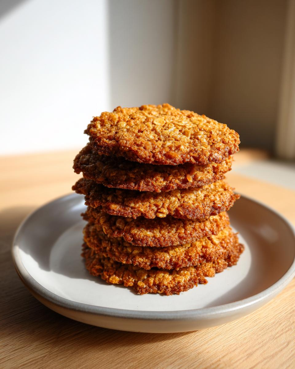 A tall stack of five crispy, golden brown oatmeal lace cookies resting on a light gray plate.