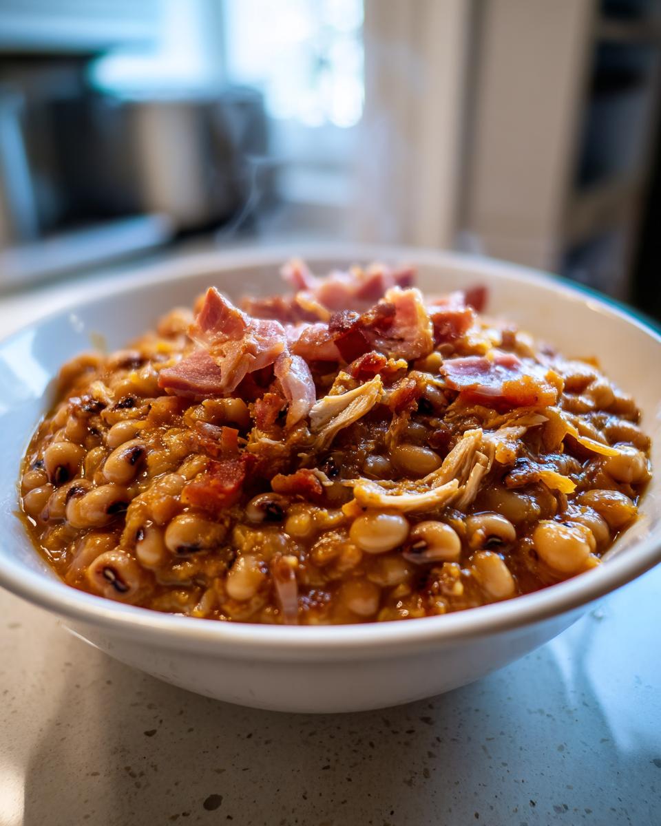 Close-up of a steaming white bowl filled with rich, savory black eyed peas topped with crispy bacon pieces.